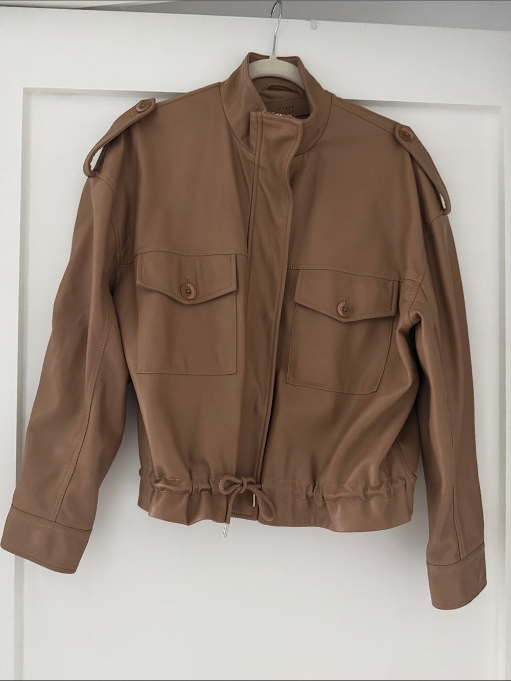Blank NYC Funnel Neck Tan Bomber Leather Jacket